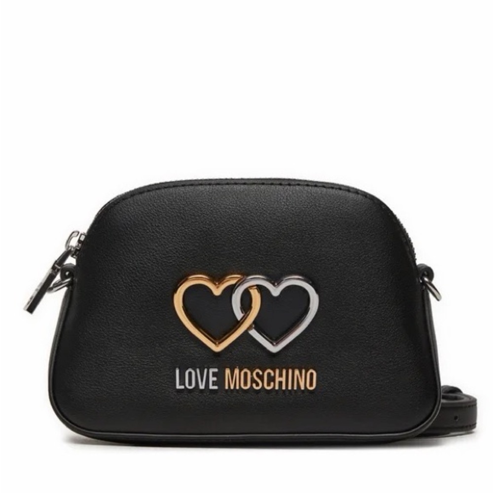 NWT Love Moschino Black and Gold Heart Leather Crossbody Bag